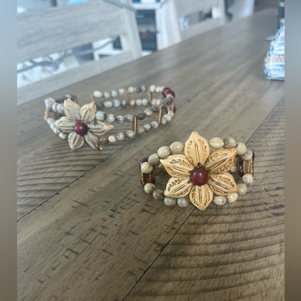 Vintage handmade flower pod bracelet and headband set. So retro boho!
